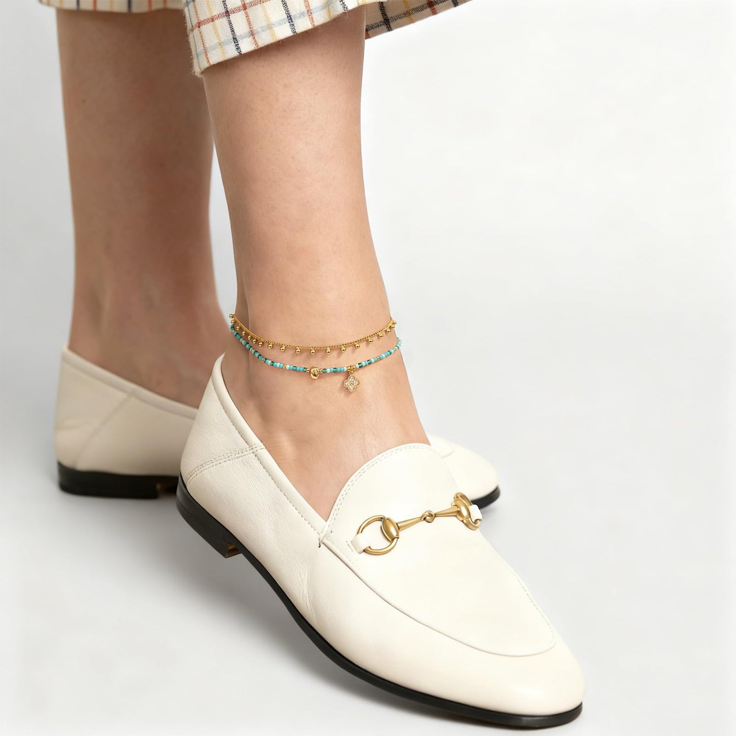 Layered Beaded Anklet with Charm