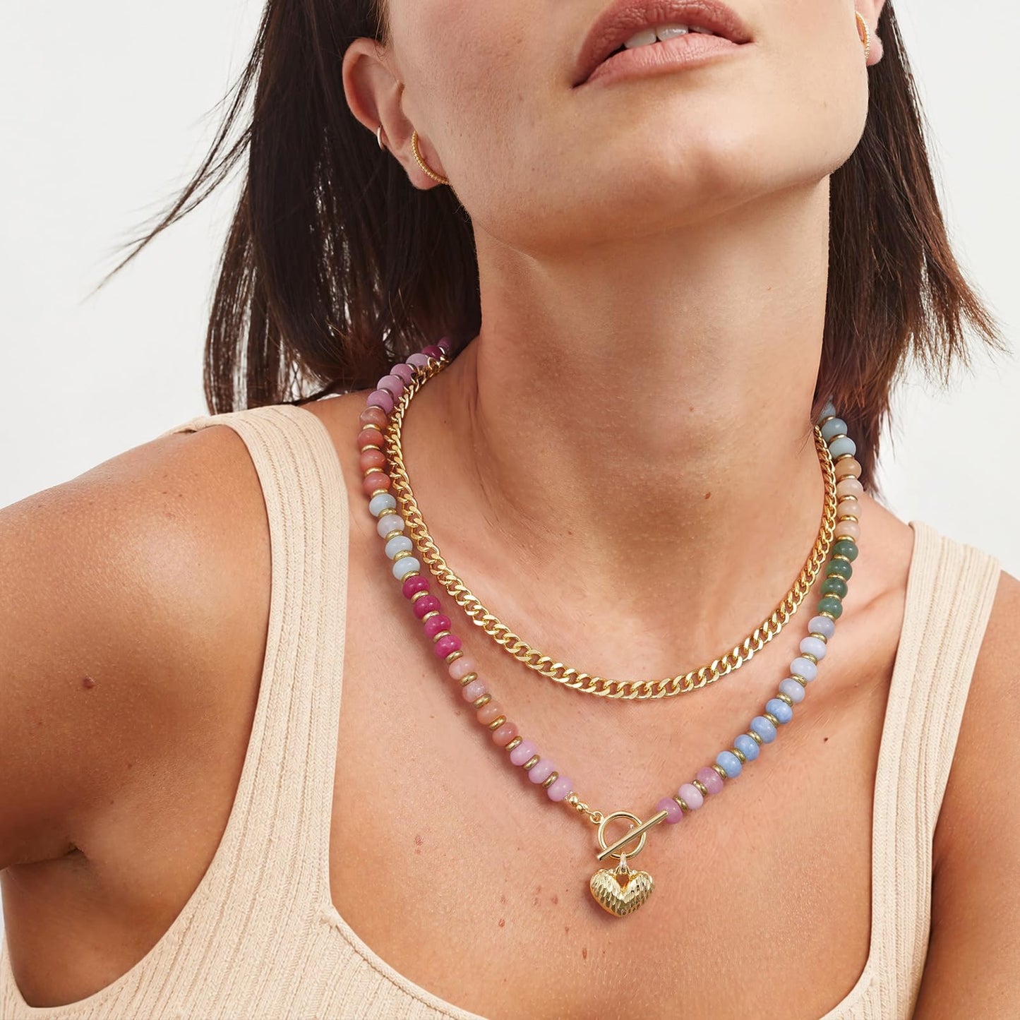 Layered Beaded Necklaces with Heart Pendant