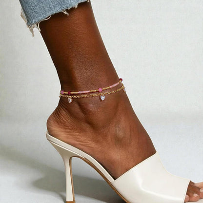 Layered Beaded Ankle Bracelets with Chain