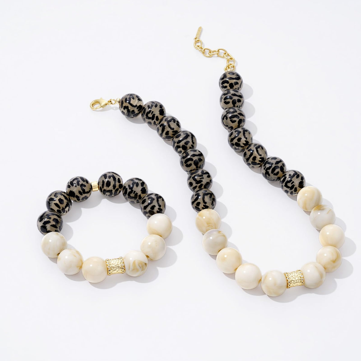 Leopard Print Resin Beaded Necklace and Bracelet Set