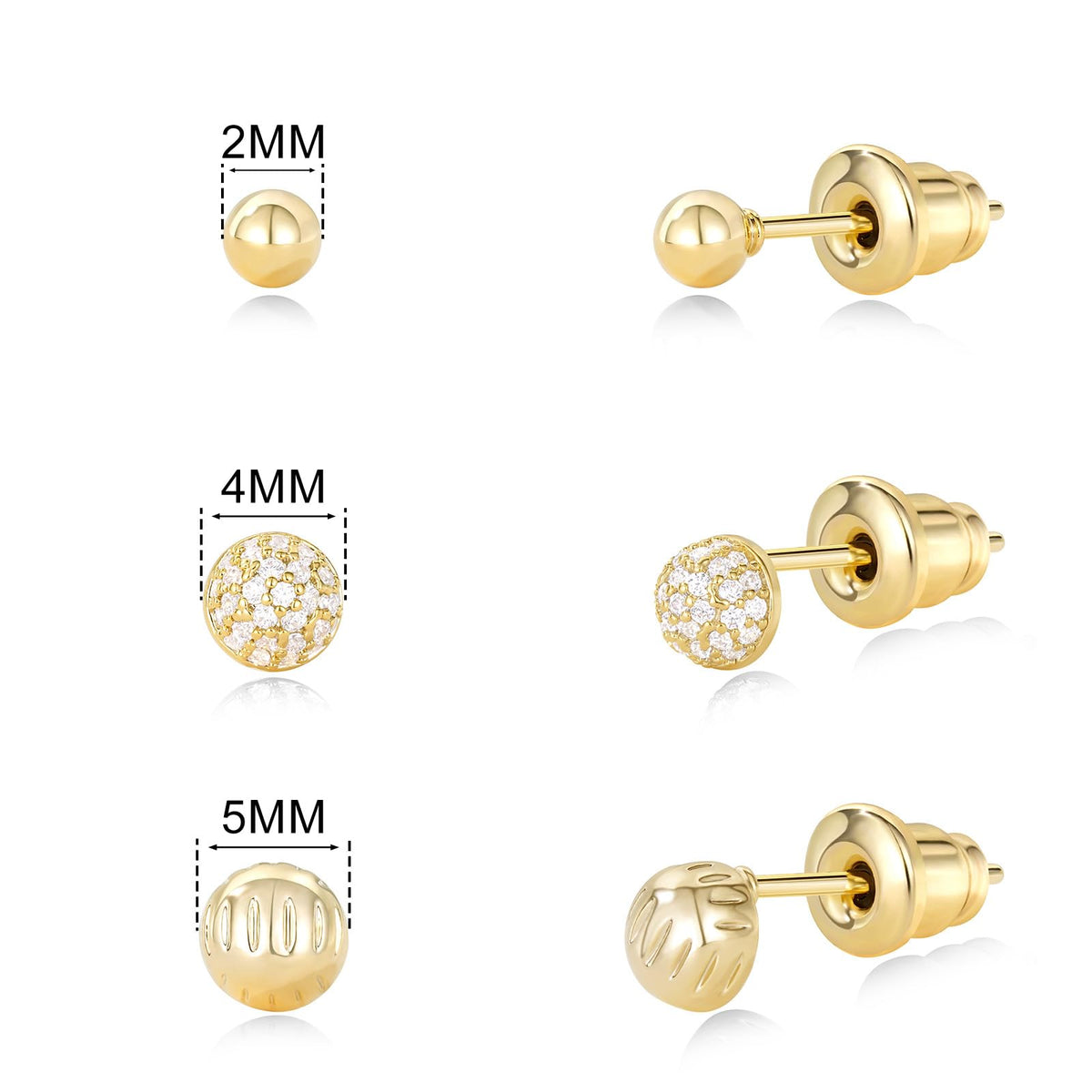 Gold Plated Stud Earrings 3 Pairs