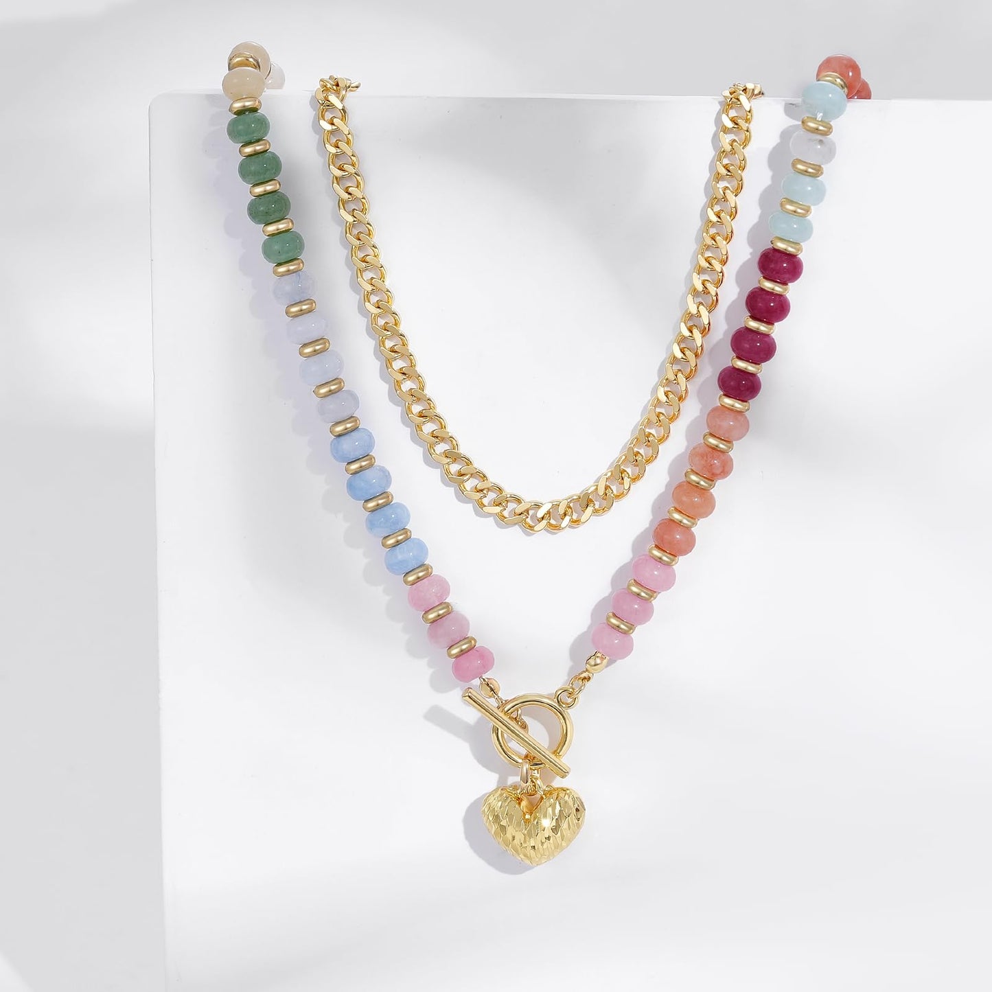 Layered Beaded Necklaces with Heart Pendant