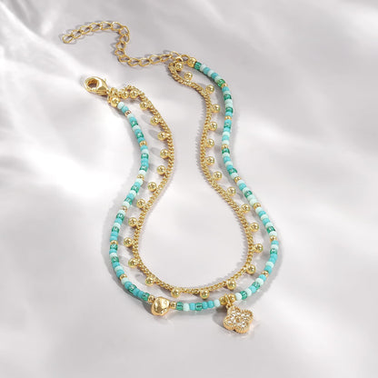 Layered Beaded Anklet with Charm