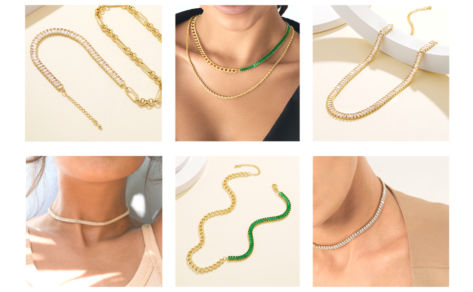 14K Gold Tennis Necklace CZ Baguette Tennis Chain