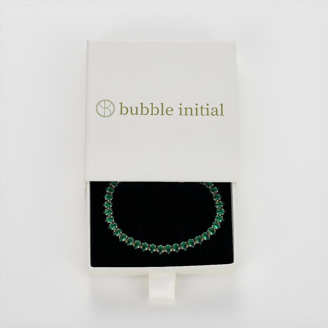 Bubble Initial Adjustable Slider Teardrop Tennis Bracelets-Green CZ
