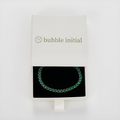Bubble Initial Adjustable Slider Teardrop Tennis Bracelets-Green CZ