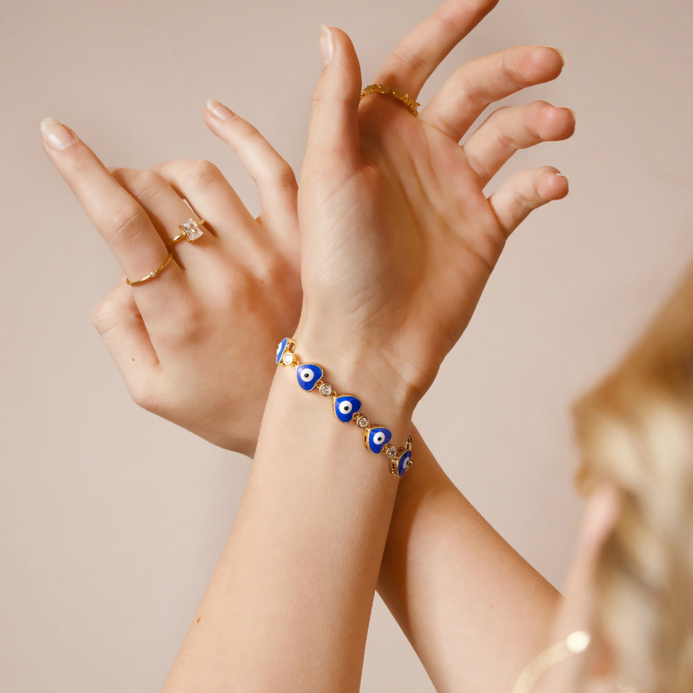 Dark Blue Eye Love Heart Bracelet in 14k Gold Plated