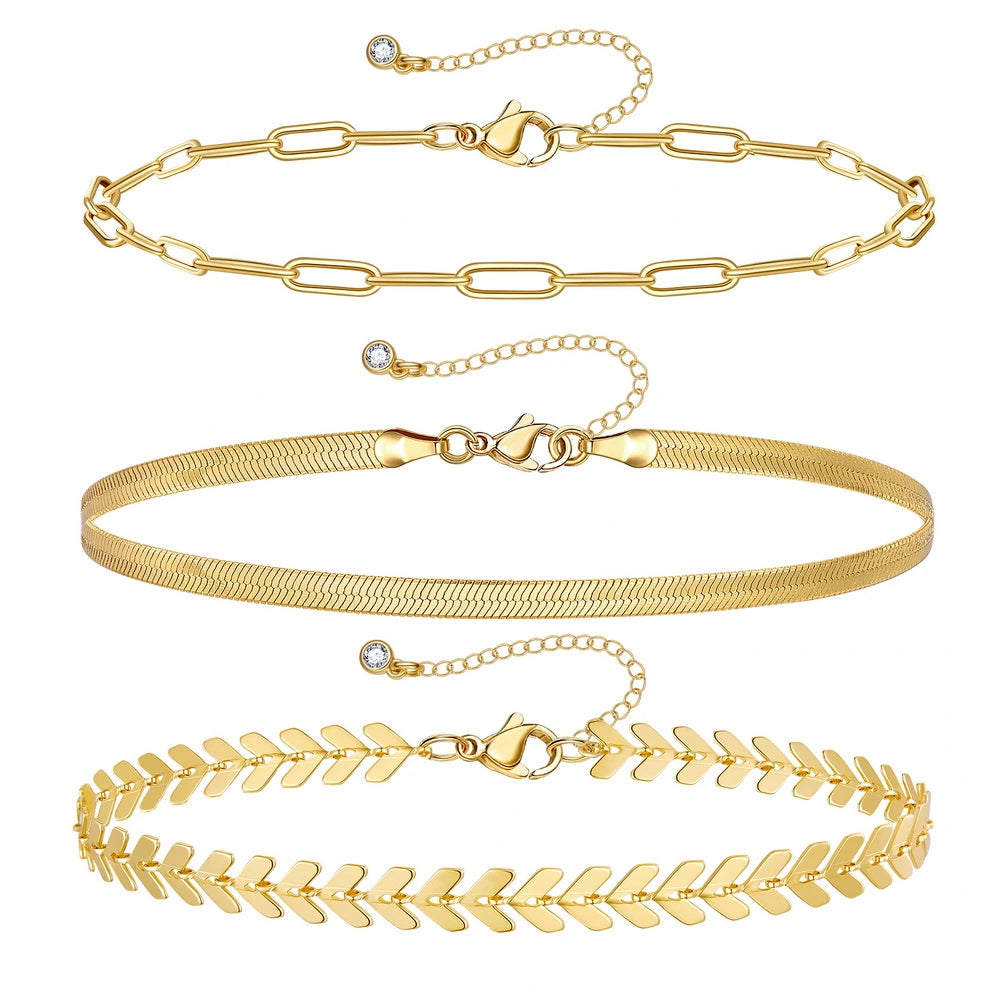 Dainty 14k Gold Plated Layering Anklets Bracelets Set- Fishbone & Paperclip & Snake