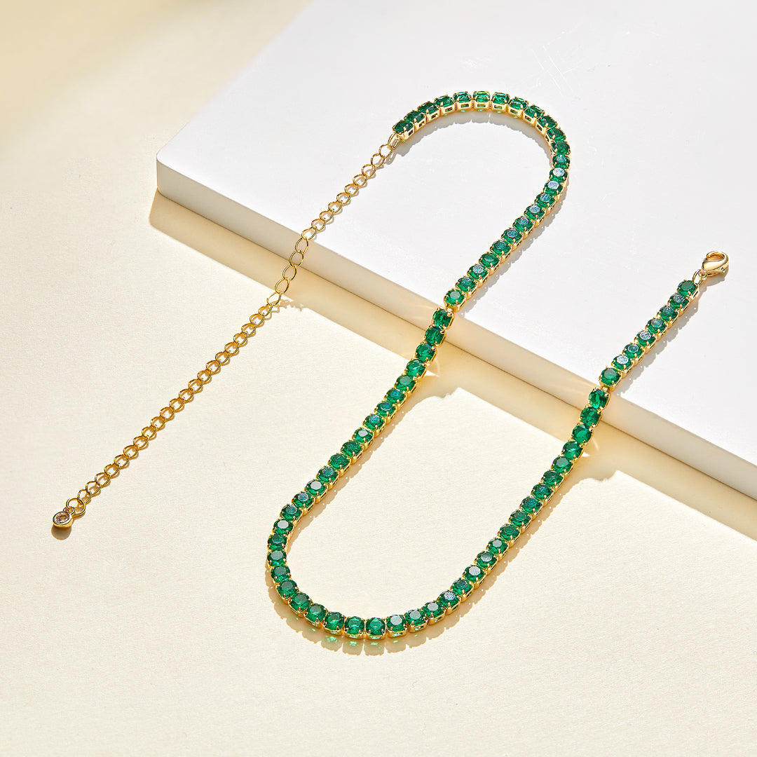 Detailed view of 14K Gold Tennis Necklace with Round Green CZ