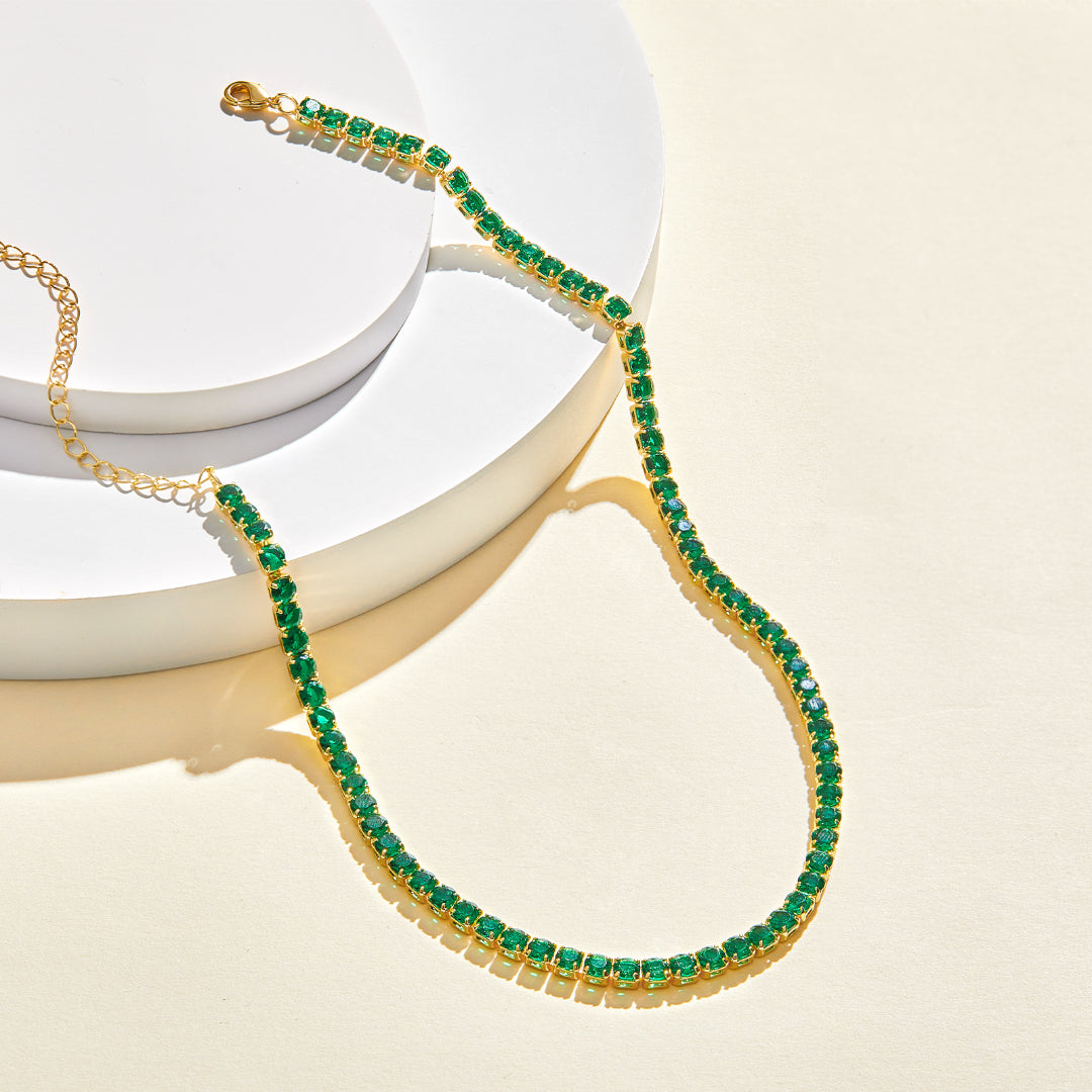 Detailed view of 14K Gold Tennis Necklace with Round Green CZ