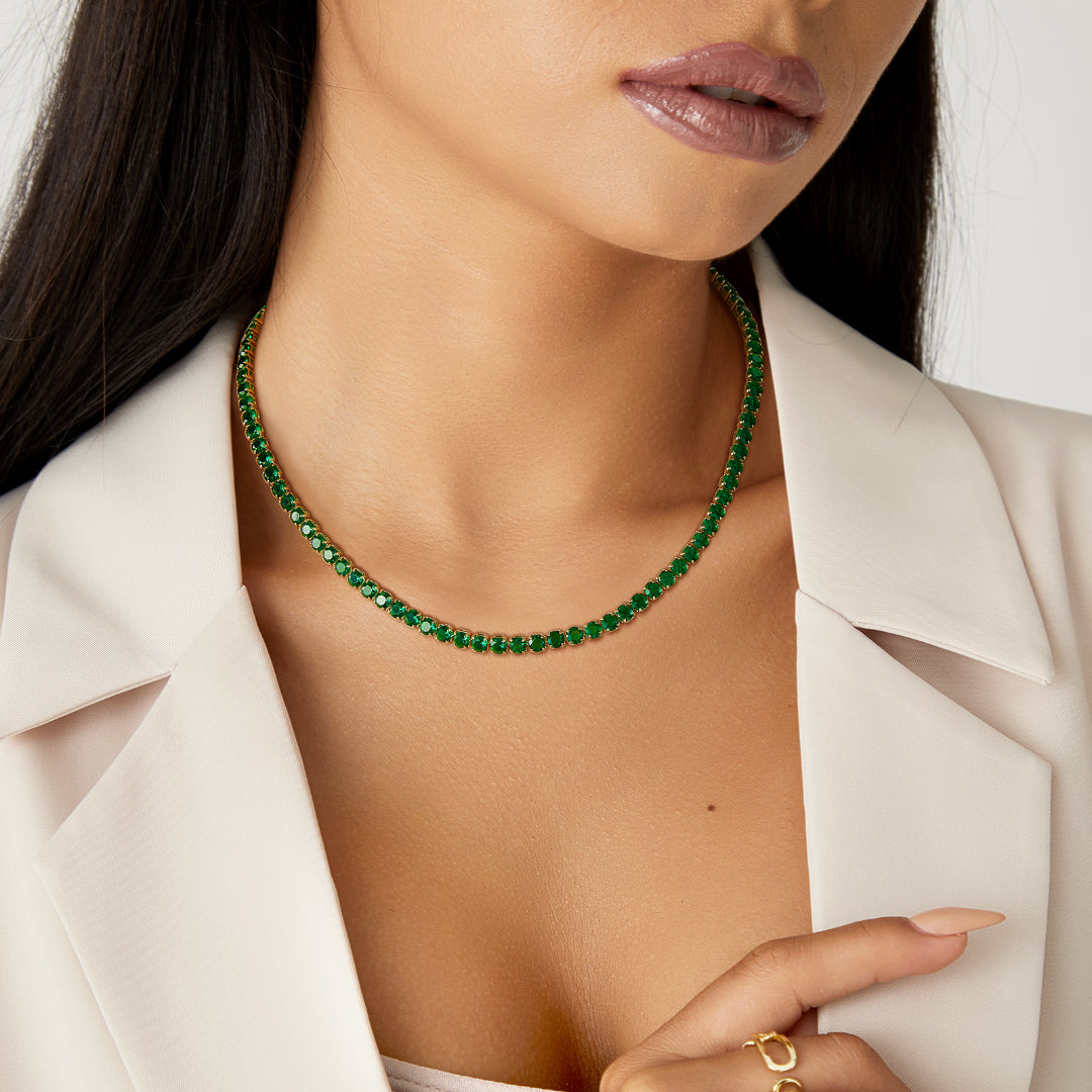 14K Gold Tennis Necklace with Round Green CZ