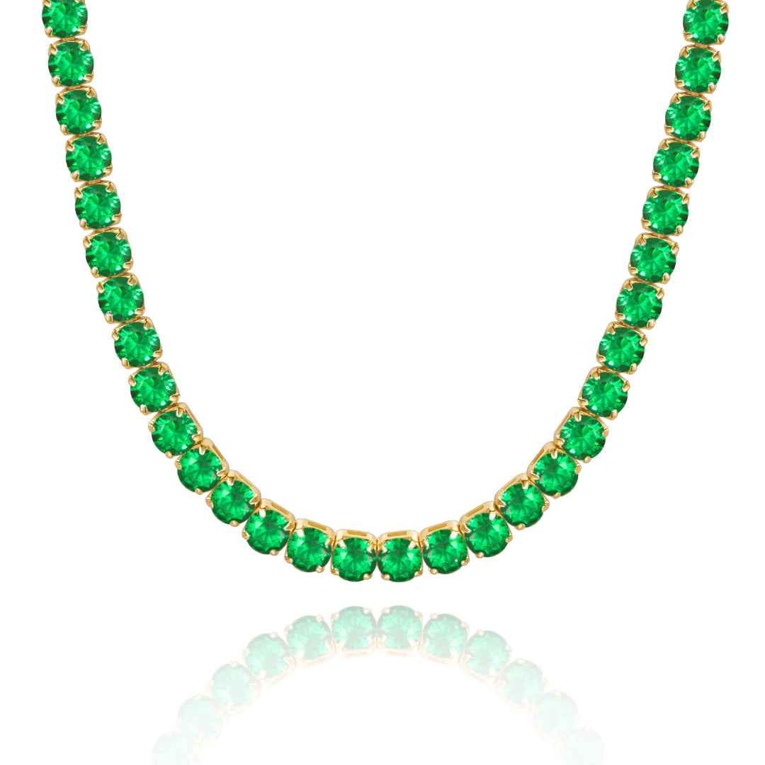 14K Gold Tennis Necklace with Round Green CZ against white backdrop