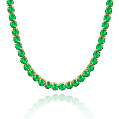 14K Gold Tennis Necklace with Round Green CZ against white backdrop