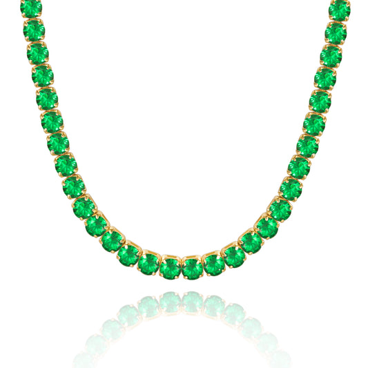 14K Gold Tennis Necklace with Round Green CZ against white backdrop
