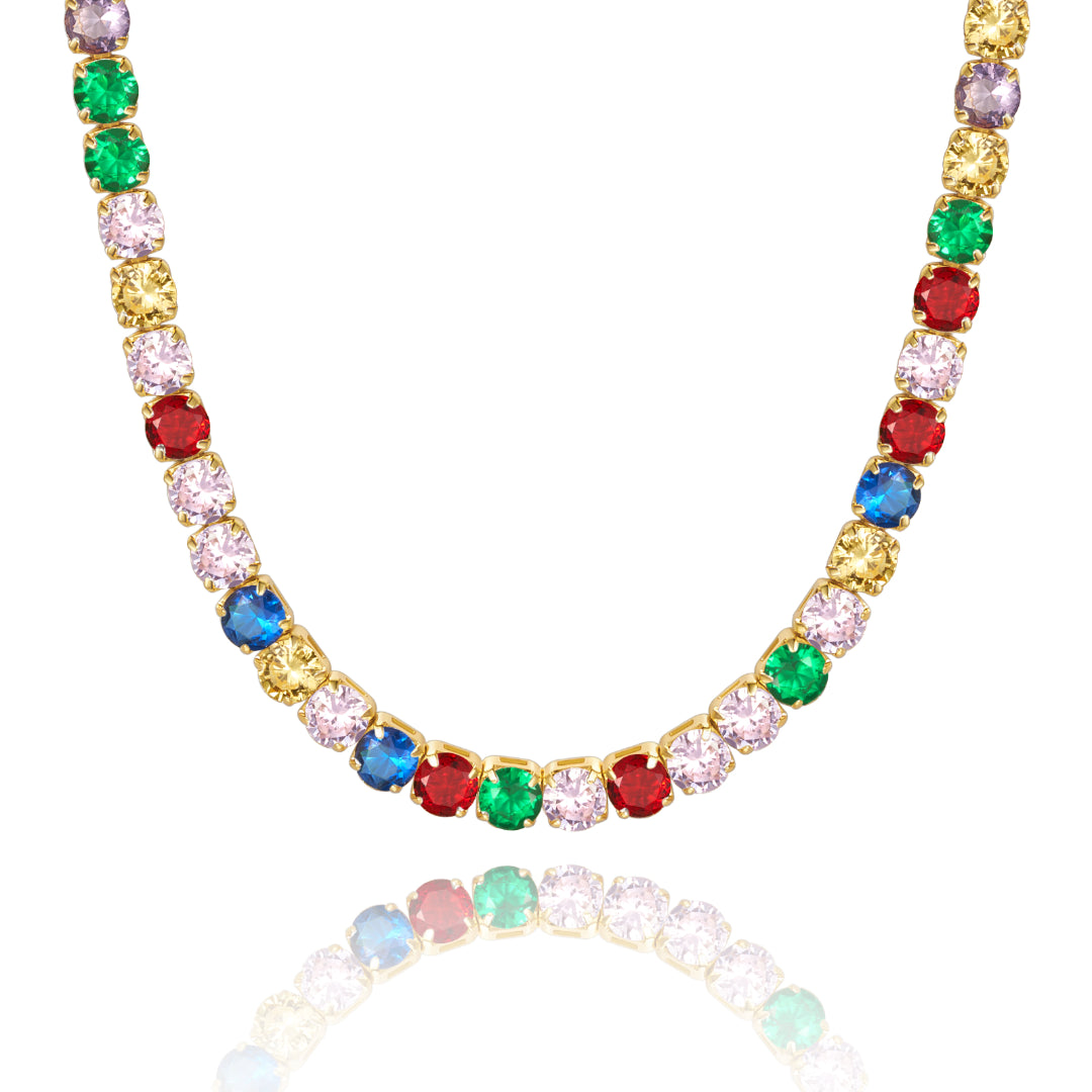 14K Gold Tennis Necklace with Round Rainbow CZ against white backdrop