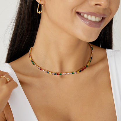 14K Gold Tennis Necklace with Round Rainbow CZ