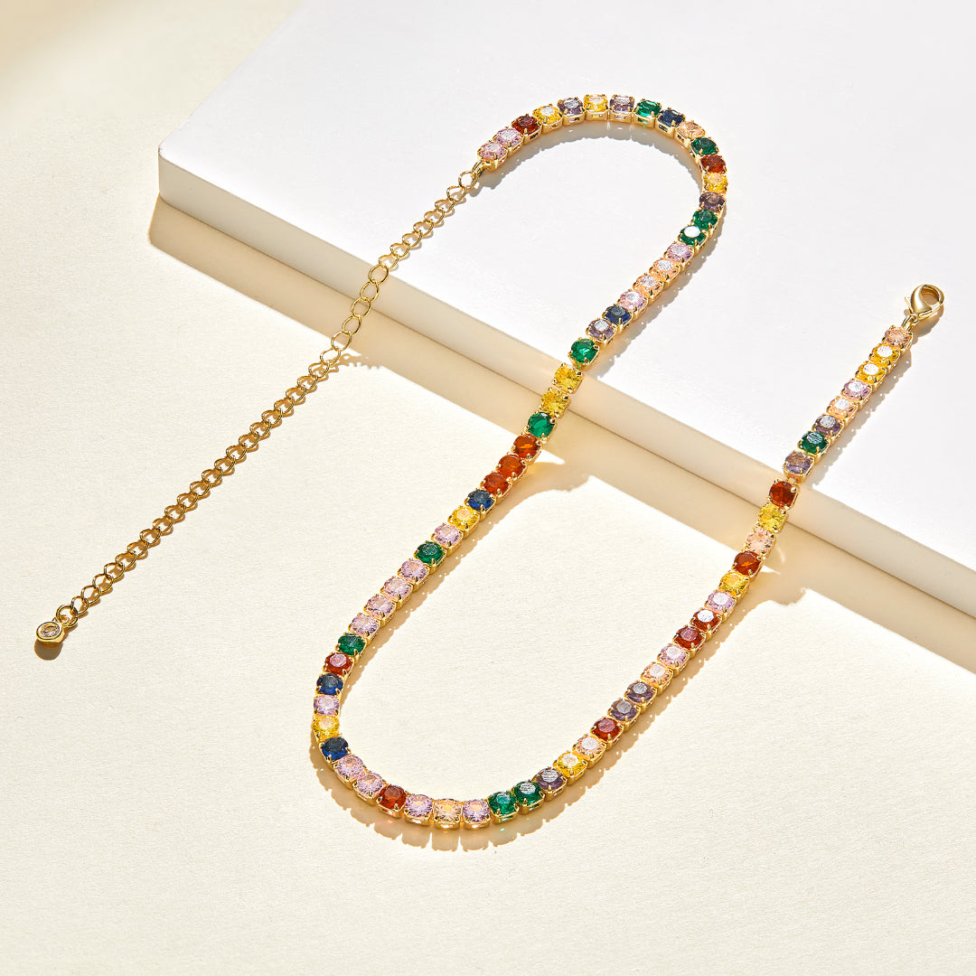 Detailed view of 14K Gold Tennis Necklace with Round Rainbow CZ
