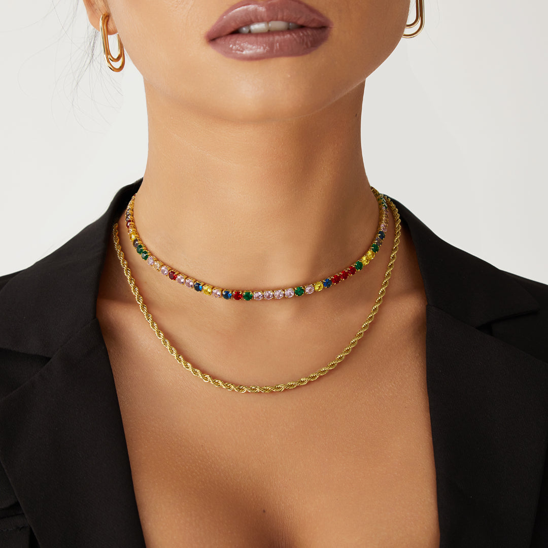 Close-up of Round Rainbow CZ in 14K Gold Tennis Necklace