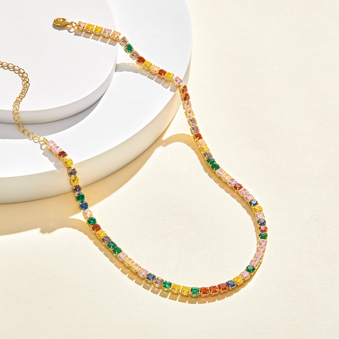 Detailed view of 14K Gold Tennis Necklace with Round Rainbow CZ