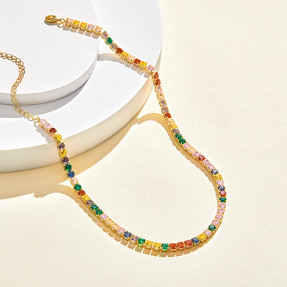 Detailed view of 14K Gold Tennis Necklace with Round Rainbow CZ