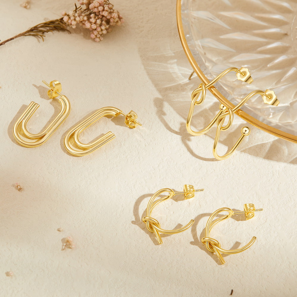 Stylish 14K Gold Geometric Twisted Huggie Hoops Earrings featuring Round Hoop