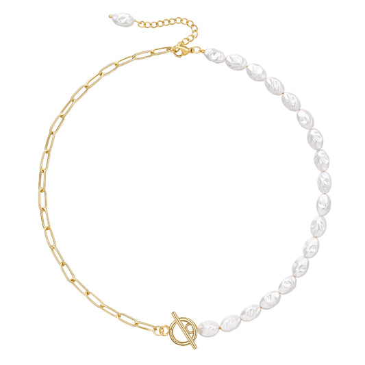 14K Gold Plated Half Pearl Half Paperclip Chunky Link Chain on White Background