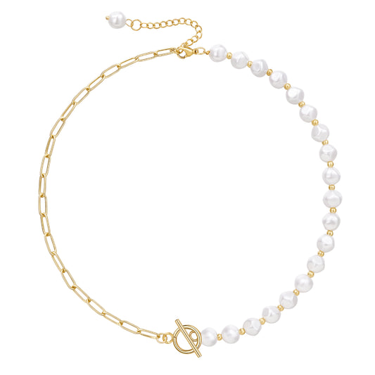 14K Gold Plated Half Pearl Half Paperclip Chunky Link Chain on White Background