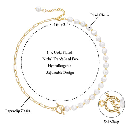 Adventurous Half Pearl Half Paperclip 14K Gold Plated Chain for Women