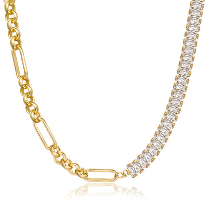 14K Gold Tennis Necklace with Paperclip & Baguette White CZ against a white background