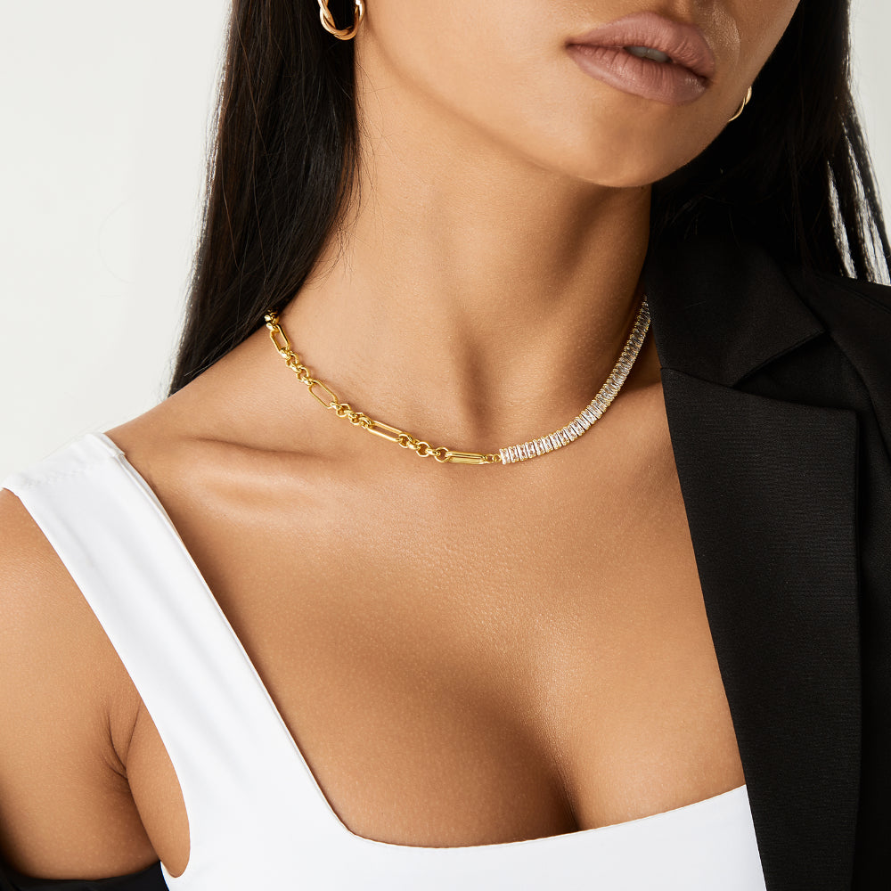 Close-up of Paperclip & Baguette White CZ in 14K Gold Tennis Necklace