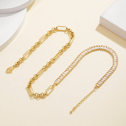 Detailed view of 14K Gold Tennis Necklace with Paperclip & Baguette White CZ