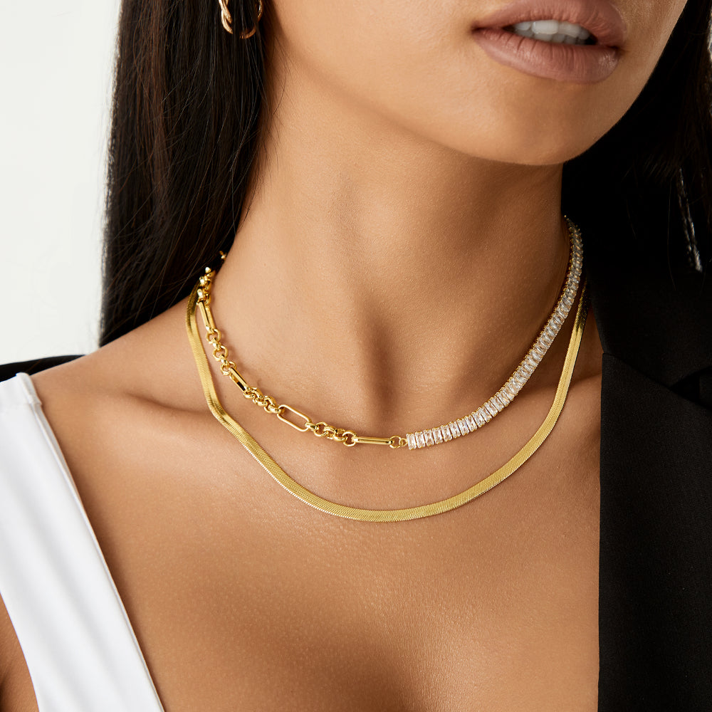 Close-up of Paperclip & Baguette White CZ in 14K Gold Tennis Necklace