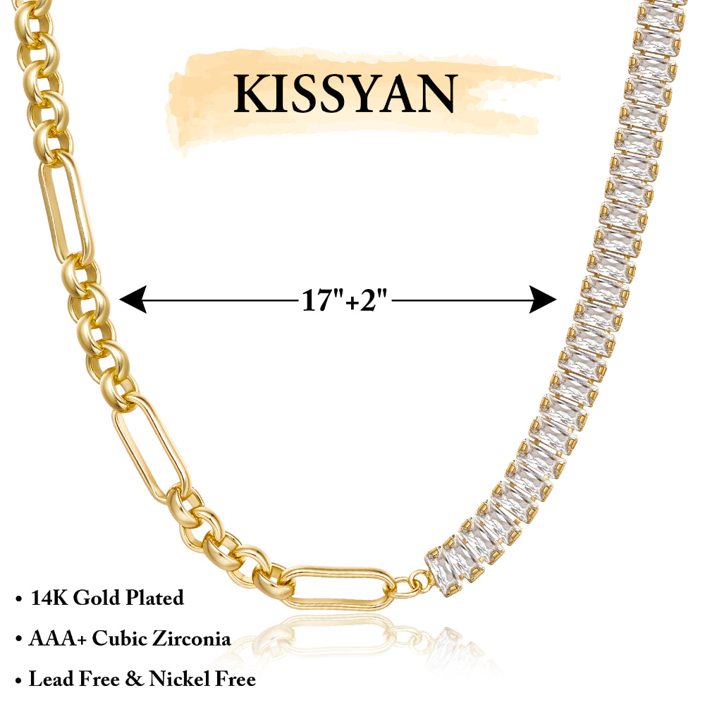 Detailed view of 14K Gold Tennis Necklace with Paperclip & Baguette White CZ