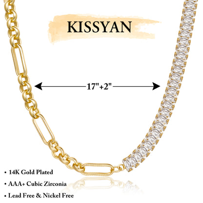 Detailed view of 14K Gold Tennis Necklace with Paperclip & Baguette White CZ