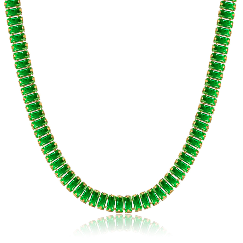 14K Gold Tennis Necklace with Green Baguette CZ against white backdrop