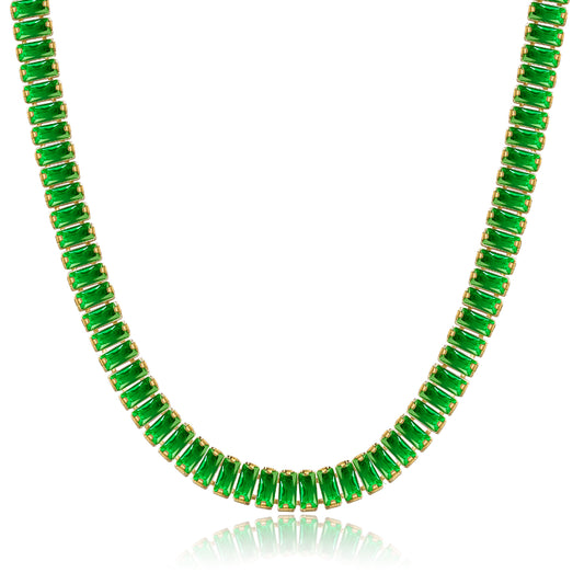 14K Gold Tennis Necklace with Green Baguette CZ against white backdrop