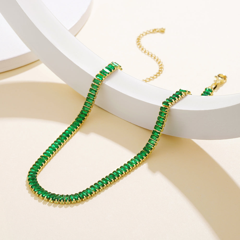 Detailed view of 14K Gold Tennis Necklace with Green Baguette CZ