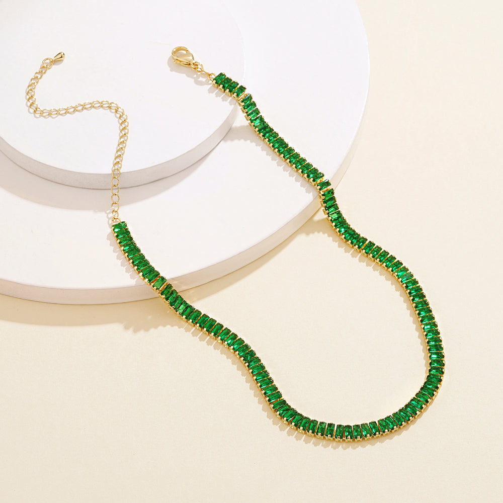 Detailed view of 14K Gold Tennis Necklace with Green Baguette CZ