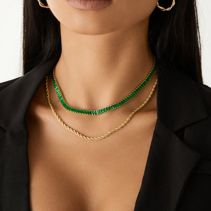 14K Gold Tennis Necklace with Green Baguette CZ