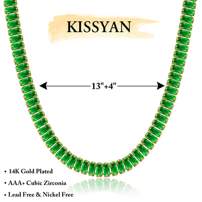 Detailed view of 14K Gold Tennis Necklace with Green Baguette CZ