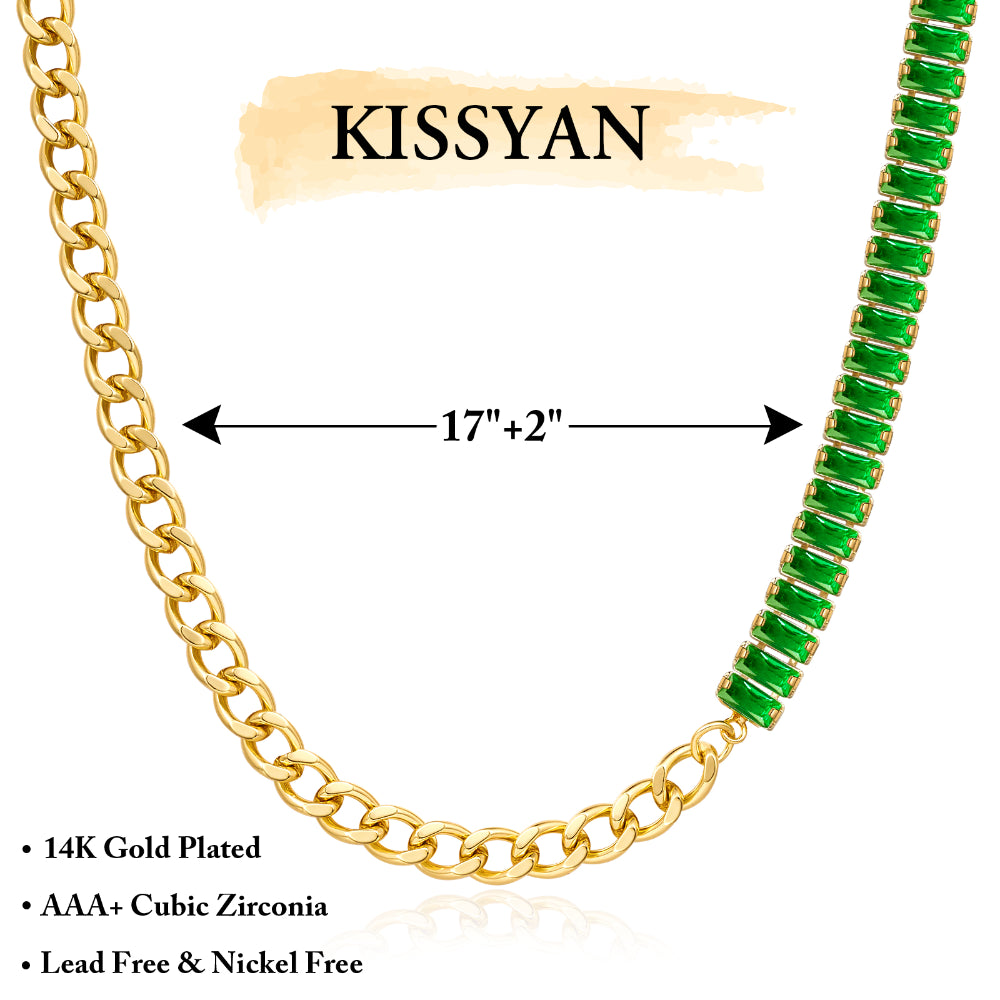 Detailed view of 14K Gold Tennis Necklace with Baguette Green CZ & Cuban Chain
