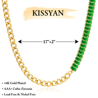 Detailed view of 14K Gold Tennis Necklace with Baguette Green CZ & Cuban Chain