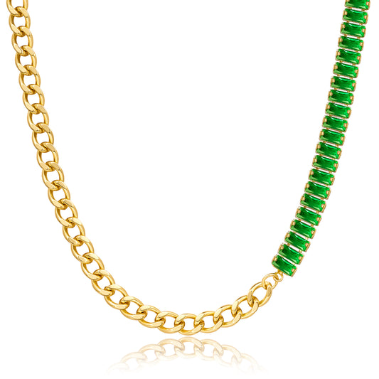 14K Gold Tennis Necklace with Baguette Green CZ & Cuban Chain against a white background