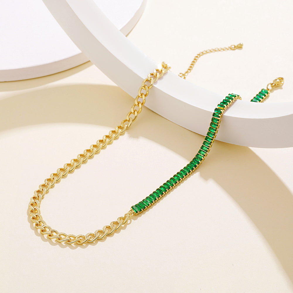 Detailed view of 14K Gold Tennis Necklace with Baguette Green CZ & Cuban Chain