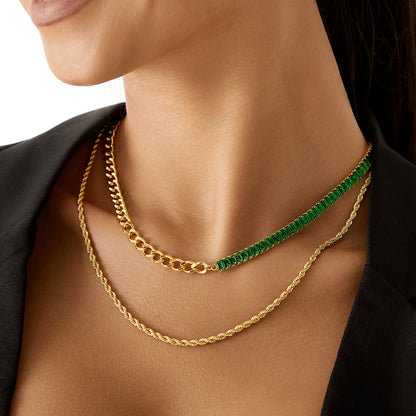 14K Gold Tennis Necklace with Baguette Green CZ & Cuban Chain