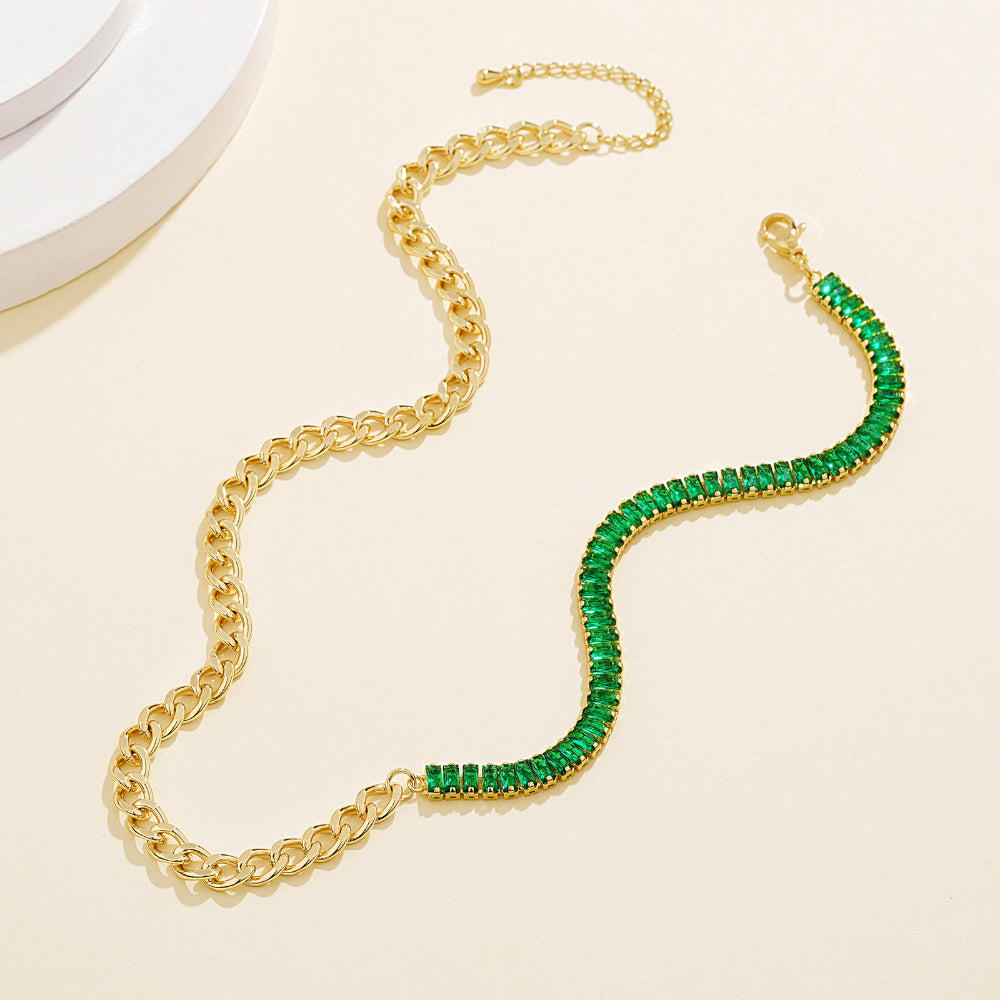 Detailed view of 14K Gold Tennis Necklace with Baguette Green CZ & Cuban Chain
