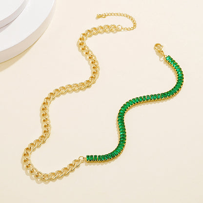 Detailed view of 14K Gold Tennis Necklace with Baguette Green CZ & Cuban Chain