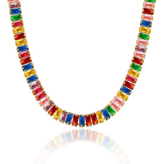 14K Gold Tennis Necklace with Rainbow Baguette CZ against white backdrop