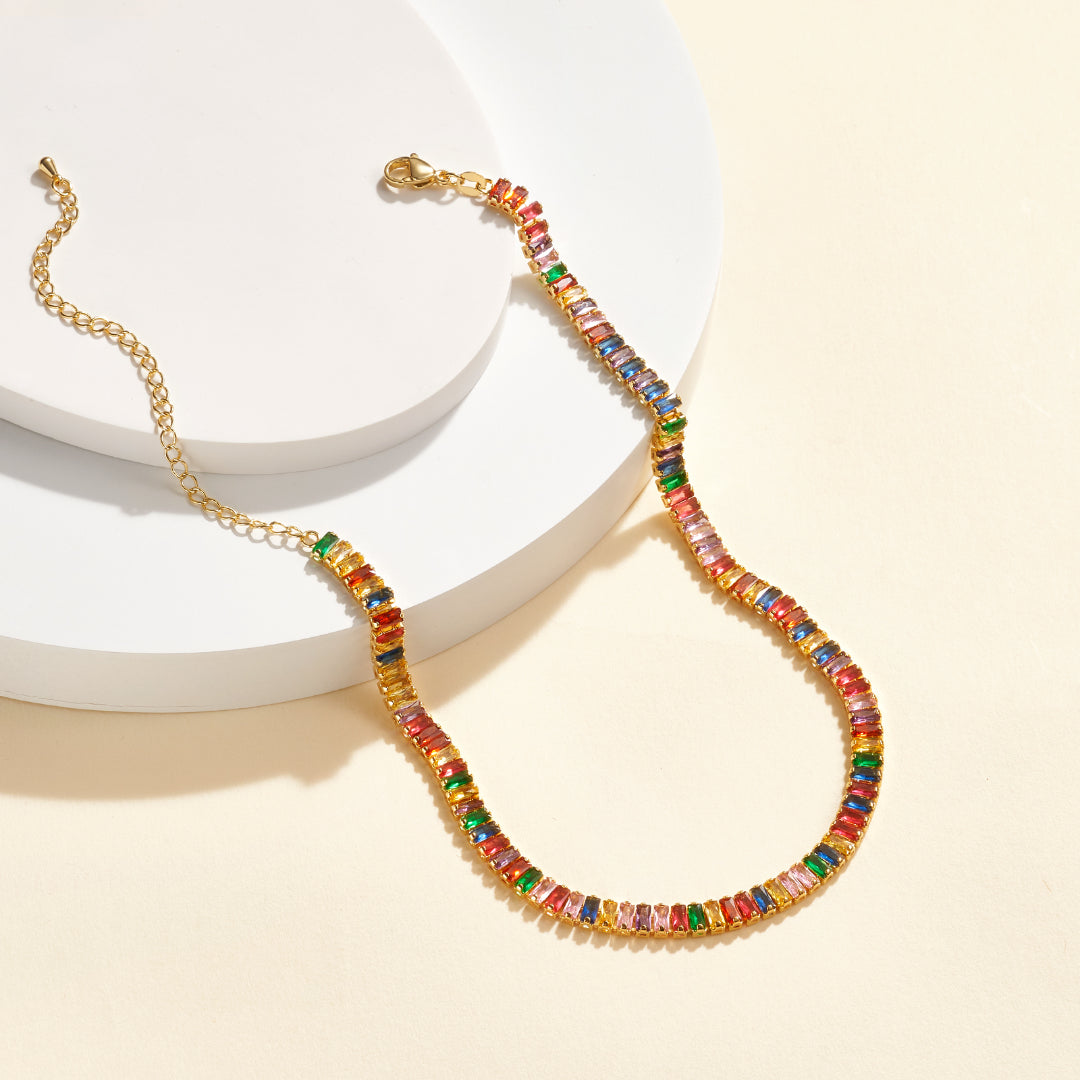 Detailed view of 14K Gold Tennis Necklace with Rainbow Baguette CZ