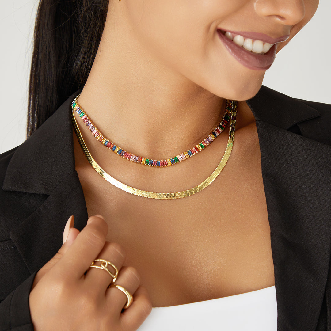 14K Gold Tennis Necklace with Rainbow Baguette CZ